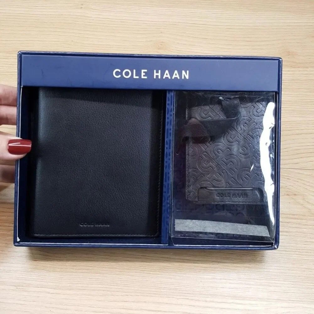 COLE HAAN Passport Wallet Set Black Leather Travel Luggage Tag Gift Box $98